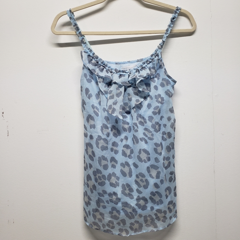 New York & Company Tank Top Blue Leopard Print Ruffle Neck Cami XS Feminine Y2K